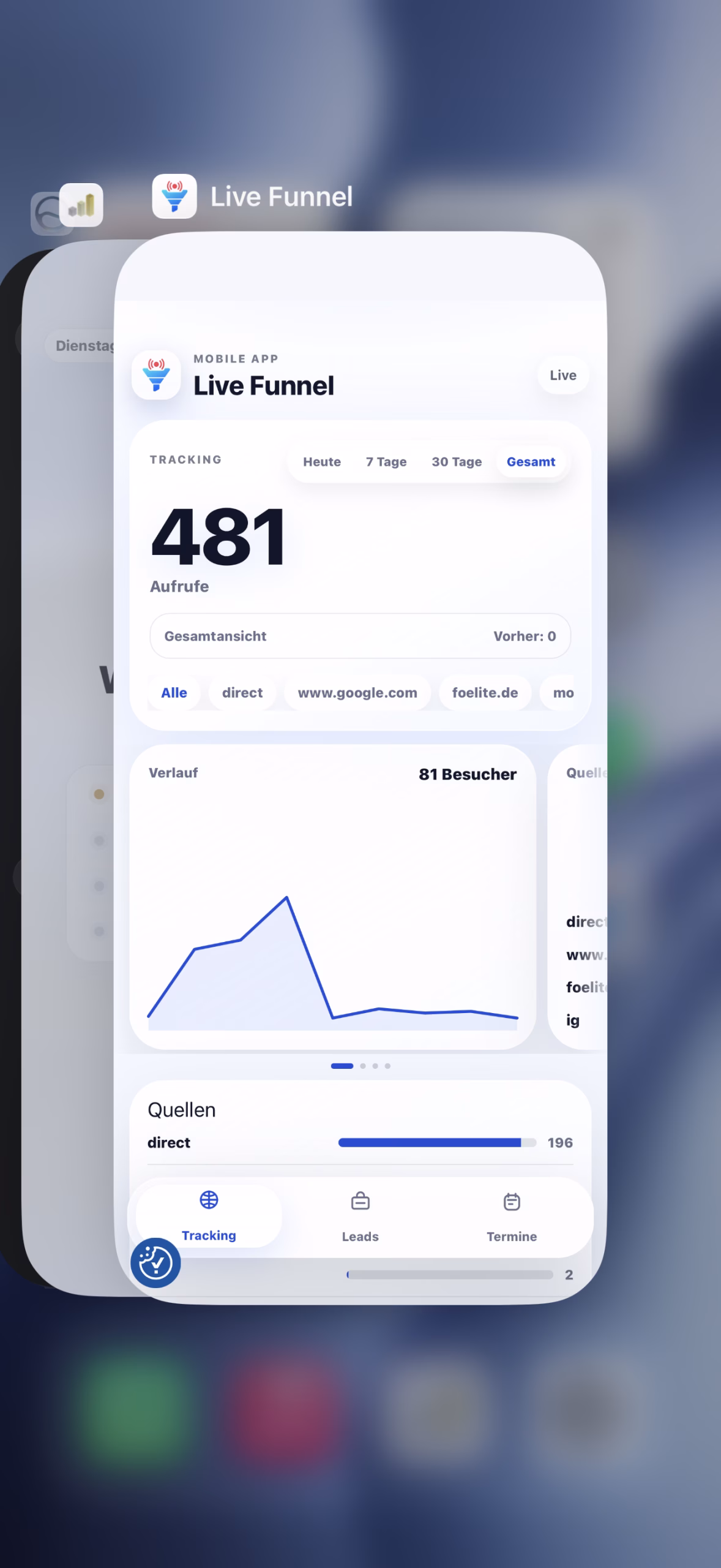 Live-Funnel-App mit Tracking, Aufrufen, Quellen und Verlauf